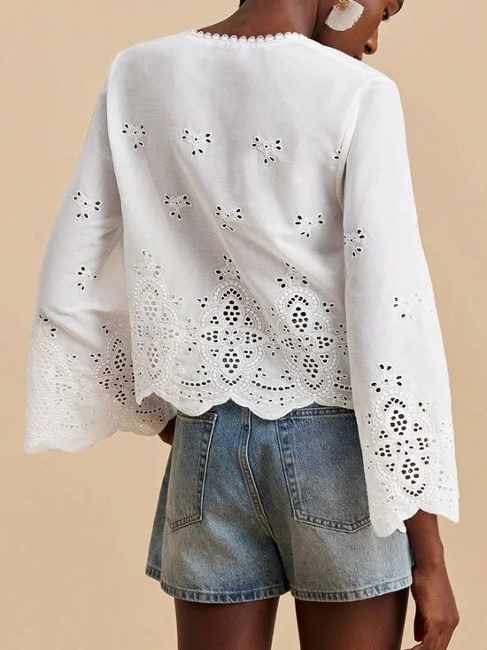 White Casual Women's V Neck Flare Sleeves Blouse - Picture 2 of 10